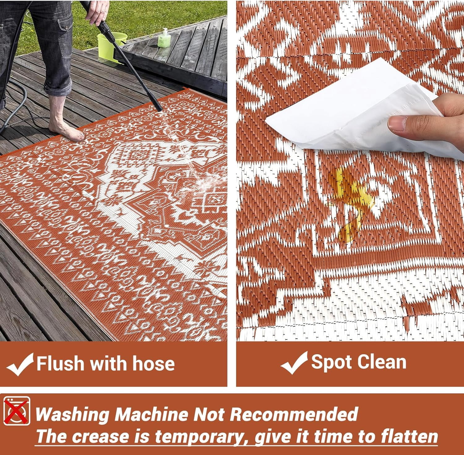 JoanKaren Waterproof Outdoor Rug,10'x14' Reversible Patio Mat,Outside Plastic Grass Mat Straw Rug Backyard Floor Mat for Picnic RV Camping Porch Balcony,Brick Red & White