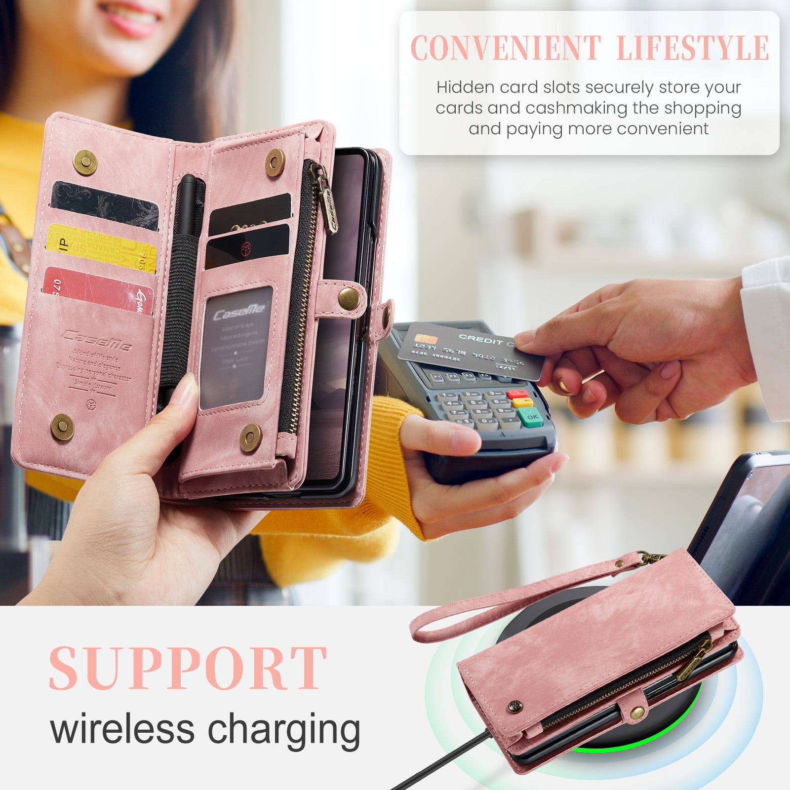 Feishell Durable 2- In-1 Magnetic Detachable Wallet Case for Samsung Galaxy Z Fold 7,for Women Men,Premium PU Leather Zipper Pocket Flip Multi Card Slots Purse Phone Case with Wrist Strap,Pink