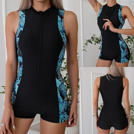 Jinhomg Women s Swimming Suit Trendy Tropical Print One Piece Bathing Suit Modest Sleeveless Zip Front Rash Guard Slimming Tummy Control Swimwear Black S