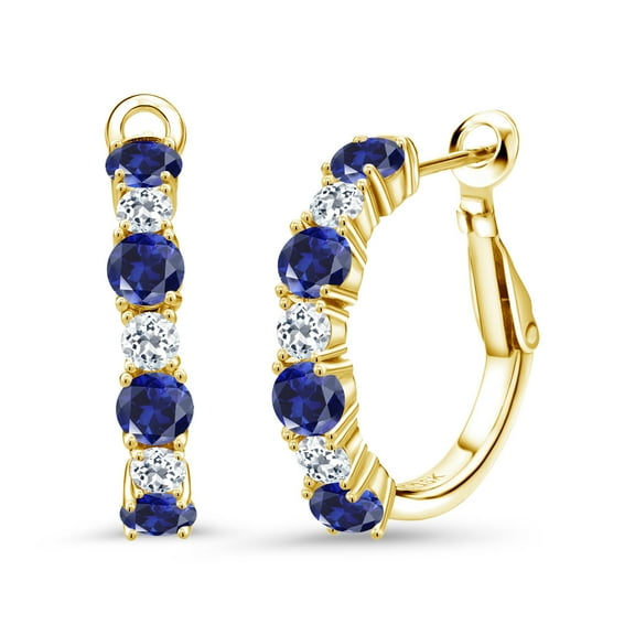 Gem Stone King 18K Yellow Gold Plated Silver Blue Created Sapphire and White Topaz Hoop Earrings for Women (2.84 Cttw, Gemstone September Birthstone, Round 4MM and 3MM)