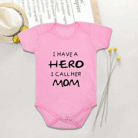 

QISIWOLE I Have A Hero I Call Her Mom Toddler Kids Baby Boys Girls Fashion Cute Solid Color Letter Print Short Sleeve One-piece Romper Jumpsuit Deals