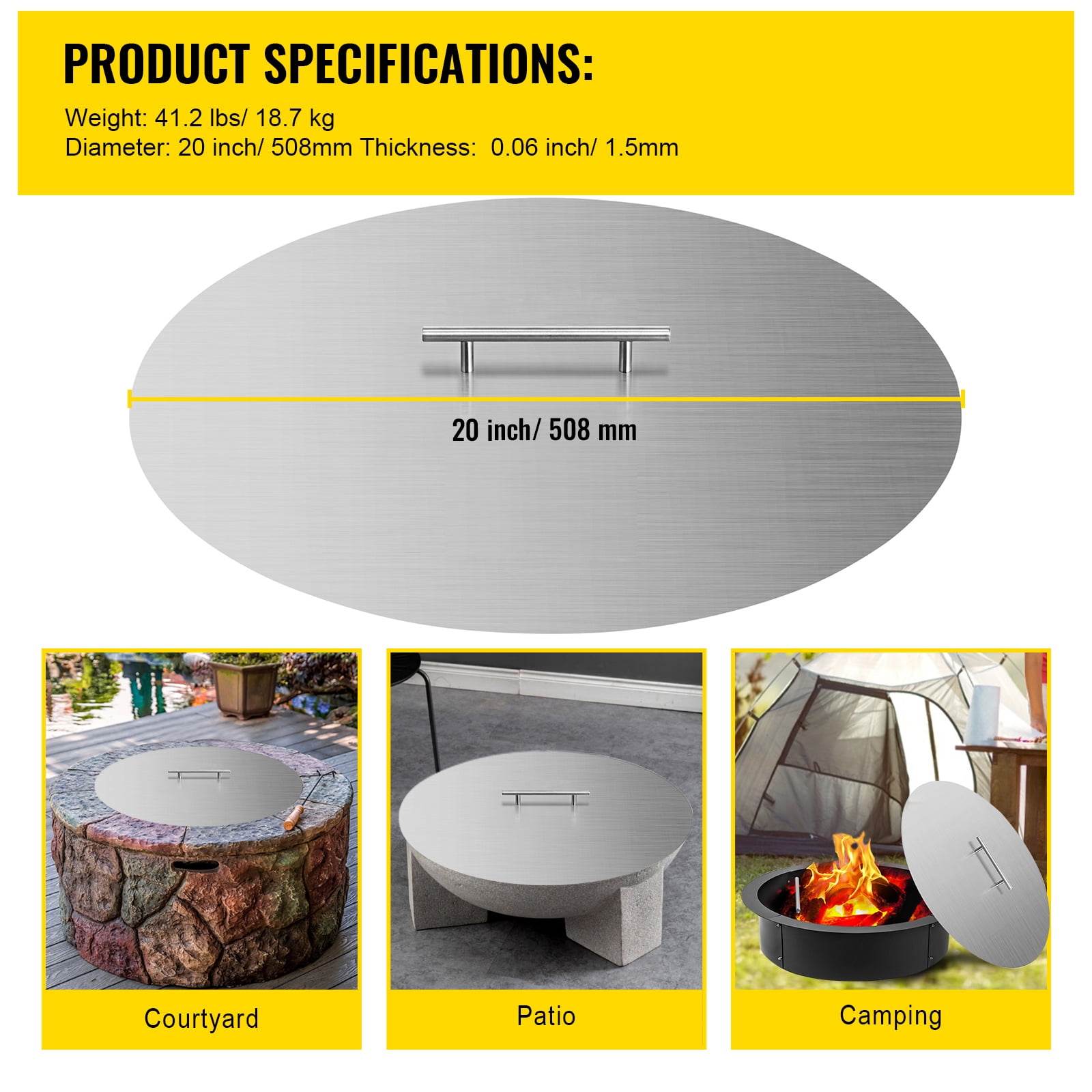 SKYSHALO Round Fire Ring Lid Cover 20" Fire Pit Lid&nbsp; 1.5mm Thick 430 Stainless Steel Burner Pan Cover for Patio Fire Pit Pan