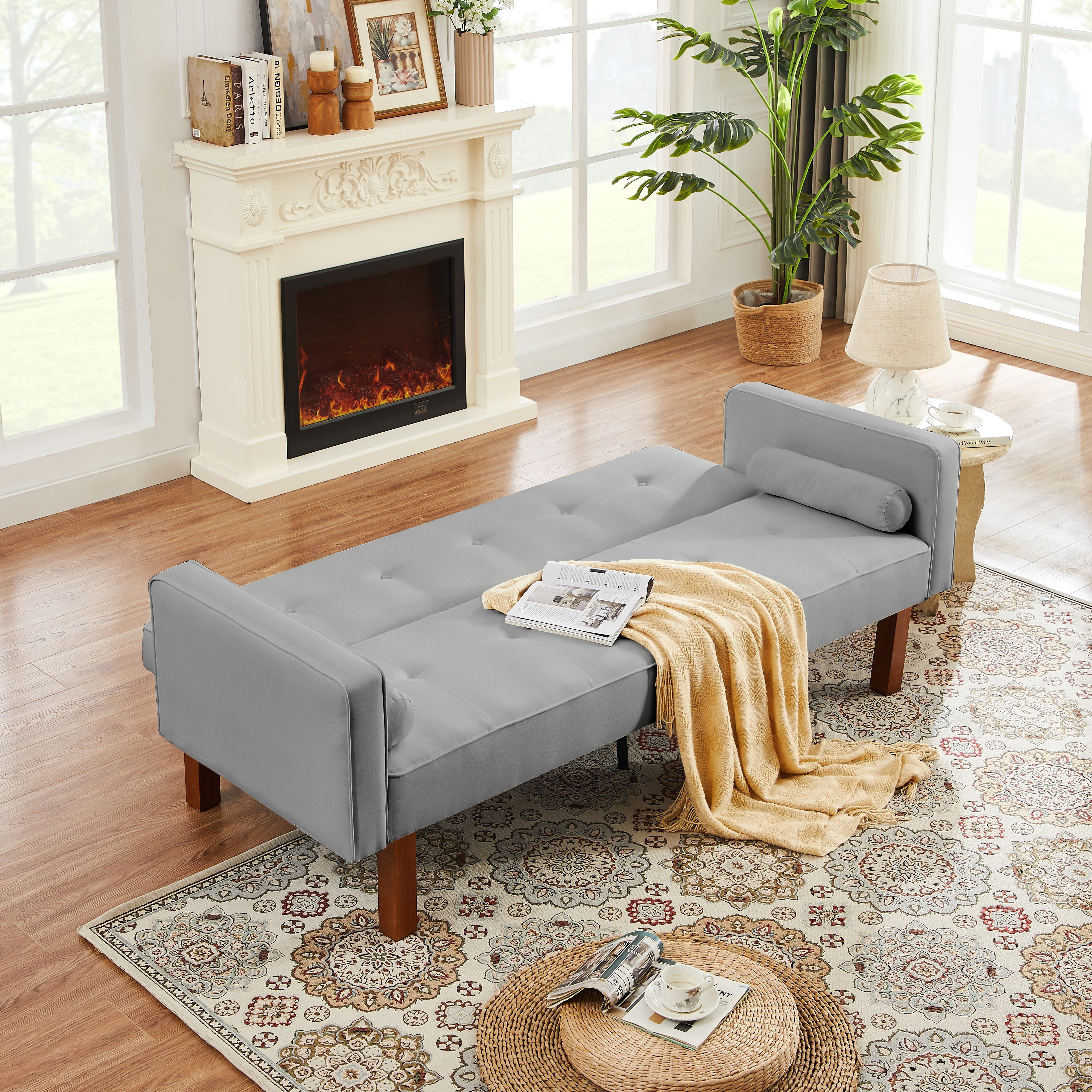 74" Futon Sofa Bed,Upholstered Folding Futon Fabric Couch,Recliner Twin Size Futon Bed Removable Armrests,Modern Sofa for Compact Living Space,Apartment,Light Gray