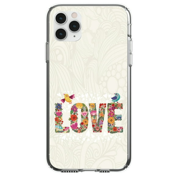 DistinctInk Clear Shockproof Hybrid Case for iPhone 13 PRO (6.1" Screen) - TPU Bumper, Acrylic Back, Tempered Glass Screen Protector - Spring Collection - Floral LOVE Birds