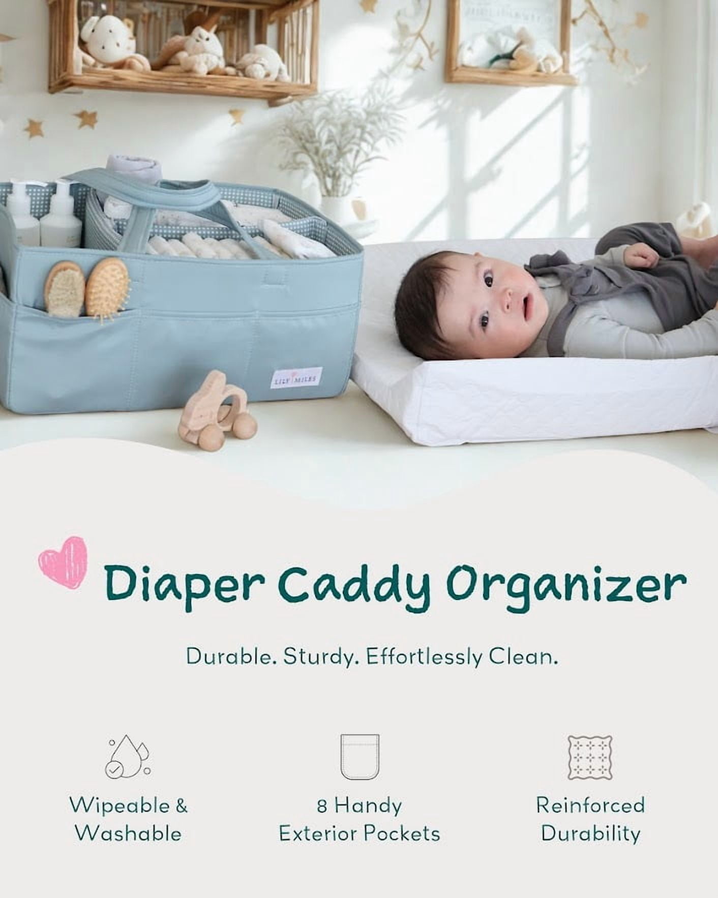Lily Miles Baby Diaper Caddy Organizer, Wipeable Diaper Organizer Basket with 8 Pockets for Newborn Essentials, Nursery Tote Bag for Changing Table & Car Organization (Willow Green, Large)