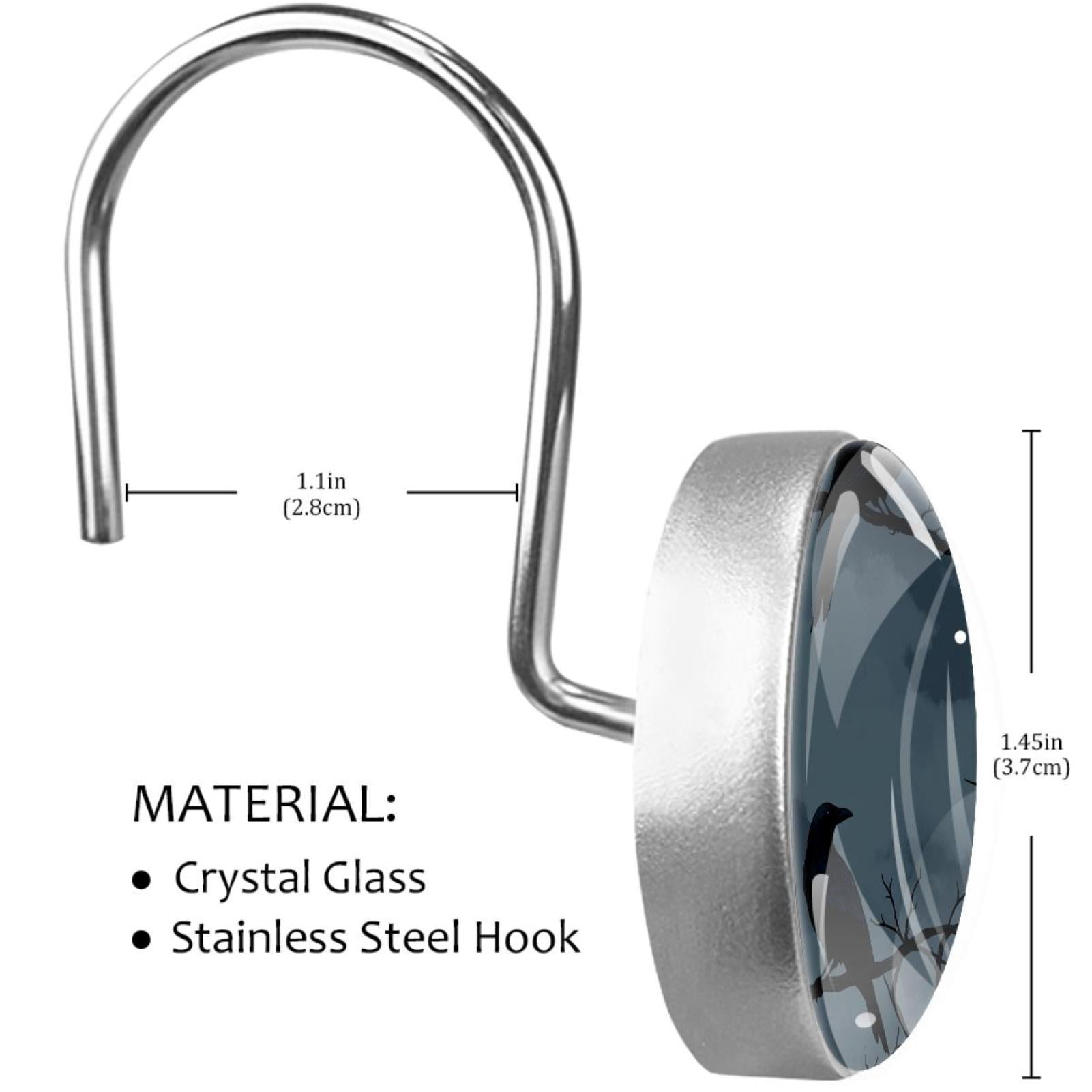 Raven Standing on Branches Shower Curtain Hooks Round Crystal Glass, Set of 12 Shower Curtain Rings - Shower Hooks for Curtain Shower Rings