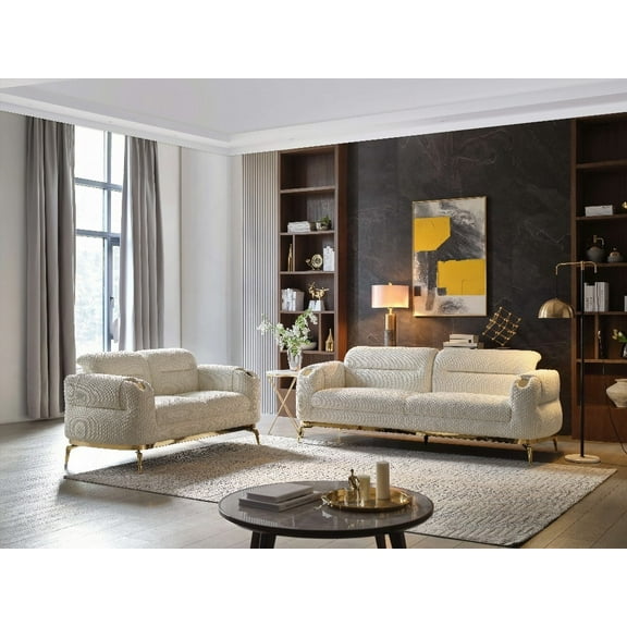 Modern Cream 2PC Living Room Set (Sofa   Loveseat) with Wood & Gold Accents for Living Room