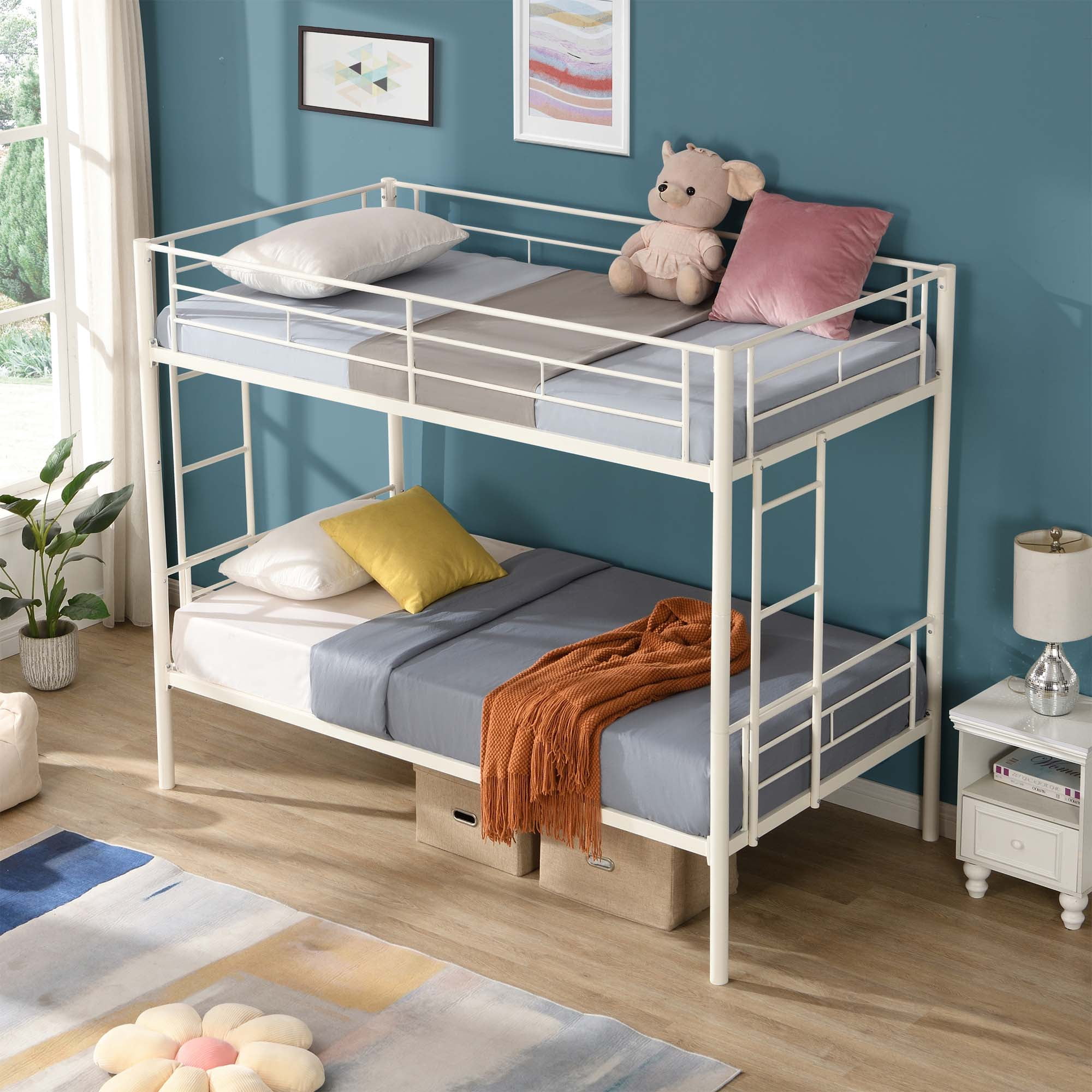 Aukfa Metal Bunk Bed Twin over Twin, Able to Split Two Beds for Kids Teens Dorm - White