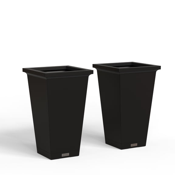 Mayne Evolve 14.5" x 14.5" x 24" Square Black Plstic Planter with Drip Tray, 2-Pack