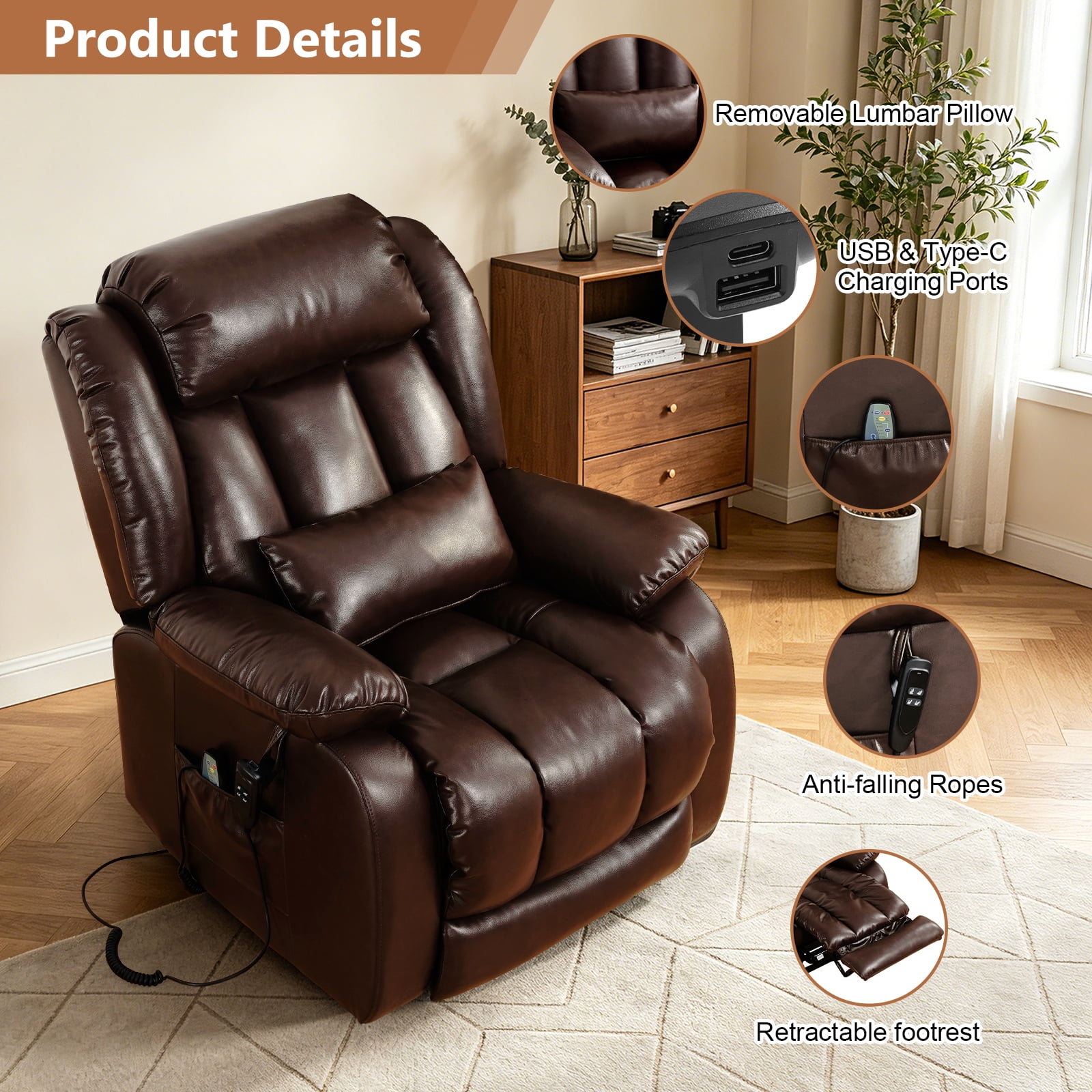 TEKAMON Power Lift Chair Recliner for Elderly with Heat and Massage, Lay Flat Sleeping Recliner Dual Motor Infinite Position Leather Lift Chair for Living Room (Brown)