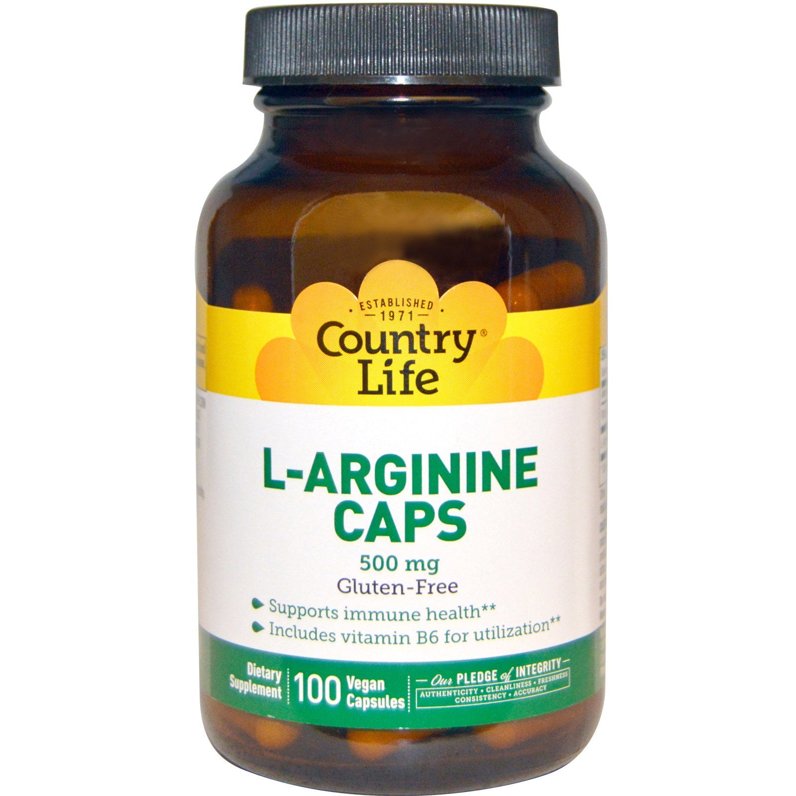 Country Life L-Arginine 500 mg with Vitamin B6, 100 Vegan Capsules, Free-form L-Arginine with vitamin B6 in certified vegan, gluten-free capsules for daily nutritional support