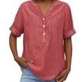 thumbnail image 5 of Ayfxijin Women's V-Neck Button Striped Print Shirt, Short Sleeve Linen Cotton Plus Size Blouse, 5 of 7