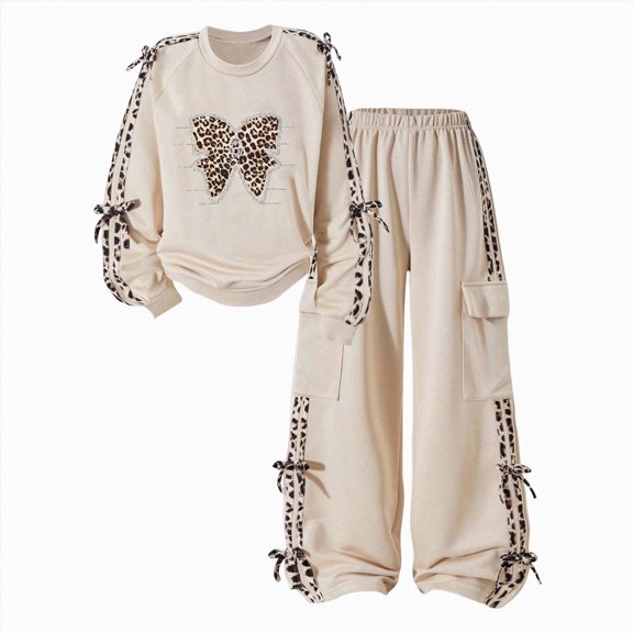 Linfrsh Little Girl Clothes 2 Piece Outfits Fashion Sweatshirts Cargo Pants Long Sleeve Tracksuit Fall Winter Clothing Size 8-12 Years (Beige,10-11 Years)