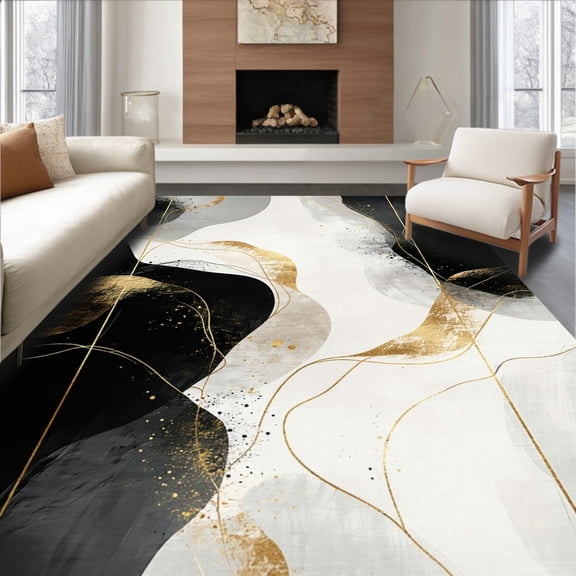 ODIKA 4'x6' Machine Washable Non-Slip Area Rug, Modern Displaying Abstract Brushstroke Motifs and Subdued Gold Details High Traffic Rug, Black, 79430