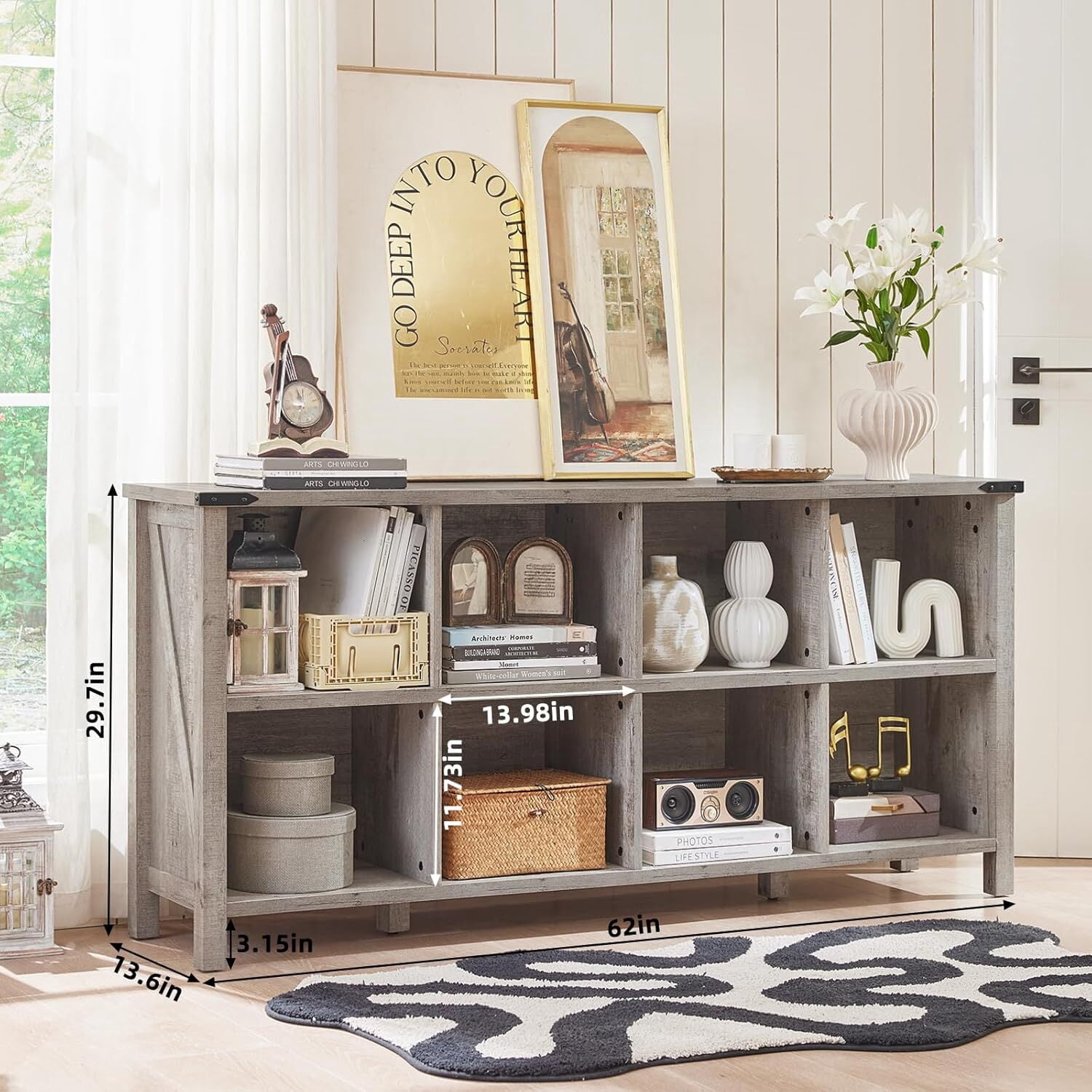 Joaxswe 8 Cube 2-Tier Open Wooden Bookshelf Toy Storage Organizer Cubby Bookcase with Legs, Rustic Entryway Book Case, Oak
