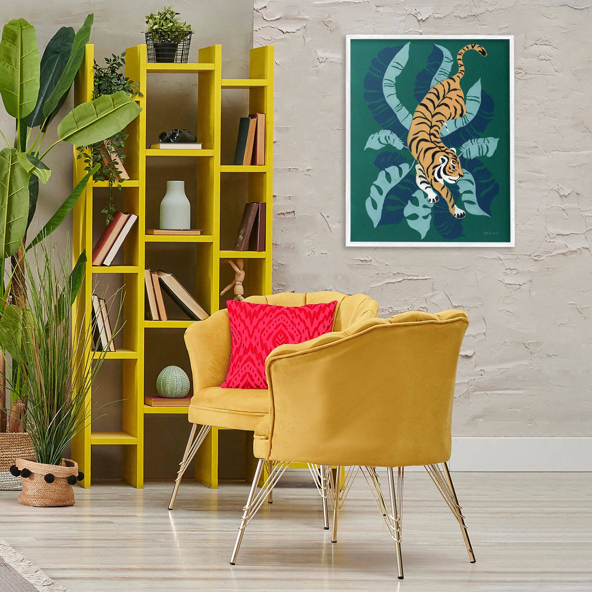 Stupell Industries Tiger Prowling over Palms Animals & Insects Painting White Framed Art Print Wall Art, 24 x 30