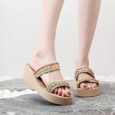 

Shldybc Platform Sandals for Women Open Toe High Heel Slides Straw Sandals Summer Beach Slippers Ethnic Style Slip on Party Shoes on Clearance