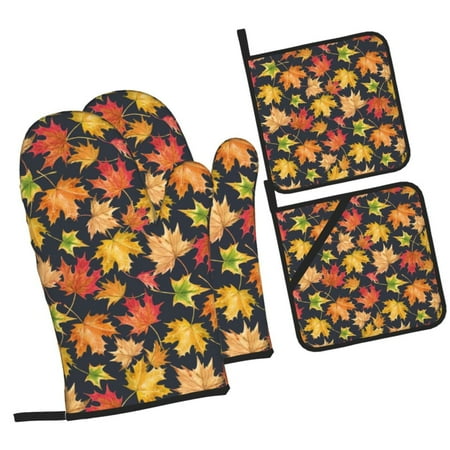 

Pofeuu Colorful Maple Leaves Print Oven Mitts and Pot Holders 4 pcs Set High Heat Resistant 500 Degree Extra Thicken Long Kitchen Cotton Oven Glove for Cooking