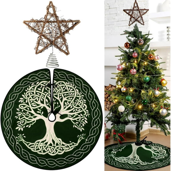2 Pcs Yule Christmas Tree Topper and 36'' Tree Skirt Set Rustic Star Treetop Pagan Winter Solstice Ornament Rattan Christmas Decor for Yuletide Xmas Decorations