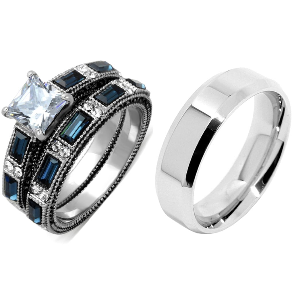 Royal Blue and Clear Round Cut CZ Set in None Tarnish Stainless Steel Great Band