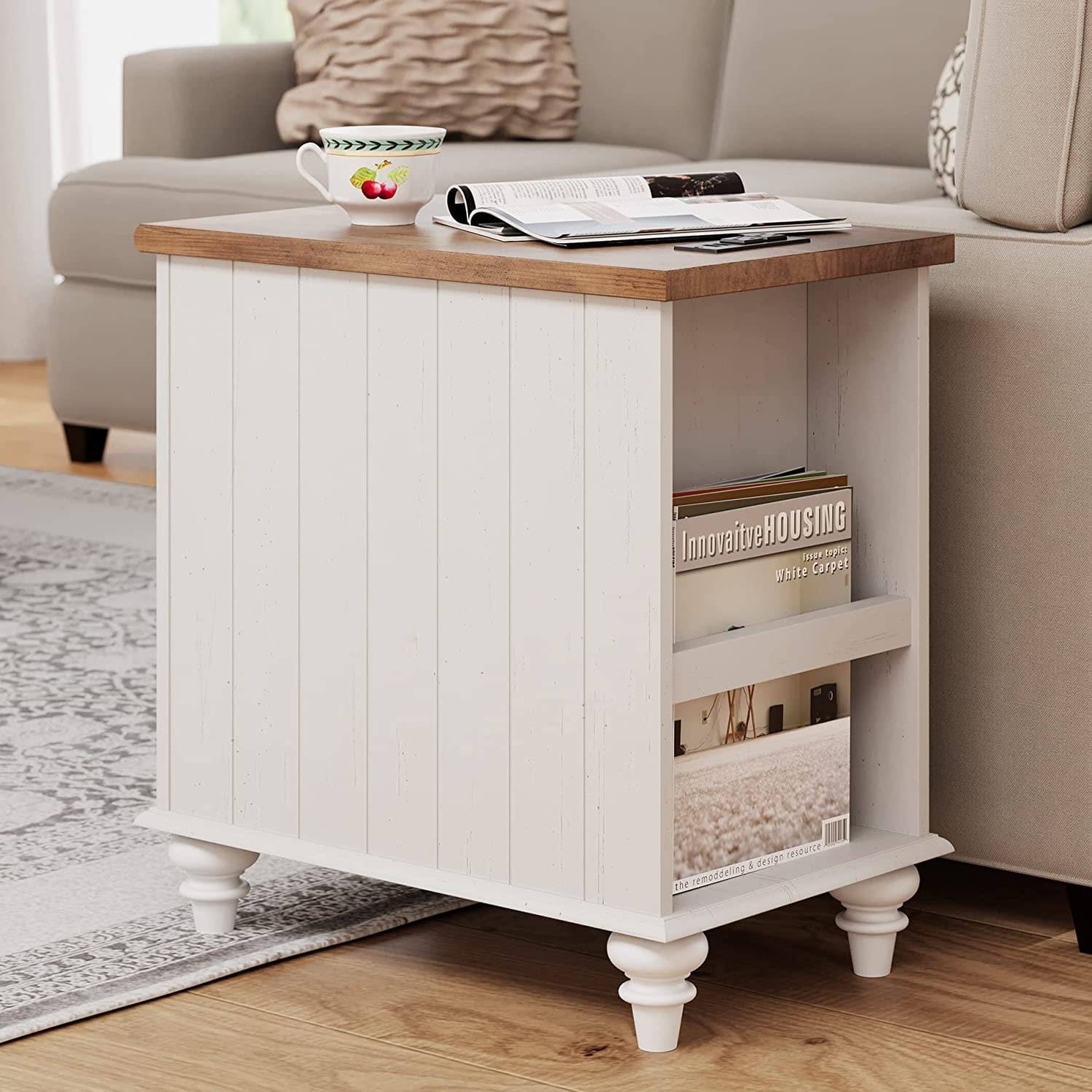 End Table with Charging Station&USB Port, Side Table with Storage Drawers for Living Room, Bedroom, White