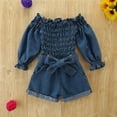 thumbnail image 2 of LIIPEE Girls Boys Onesie Ruffled Long Sleeve Off-Shoulder Pleated Denim Romper With Pockets Toddler Leisure Daily One-Pieces,Blue,2-3 Years, 2 of 8