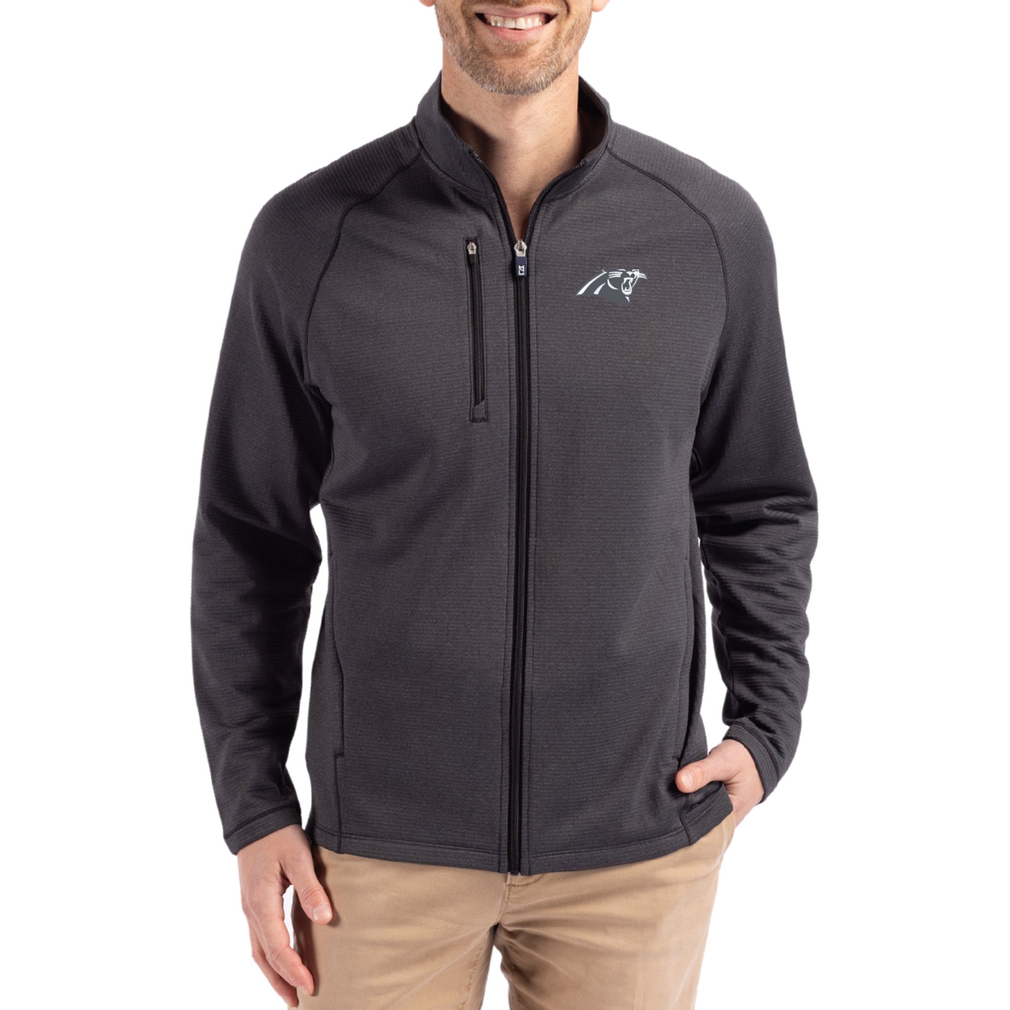 Men's Cutter & Buck Heather Black Carolina Panthers Peshastin Eco Fleece Recycled Raglan Tri-Blend Full-Zip Jacket