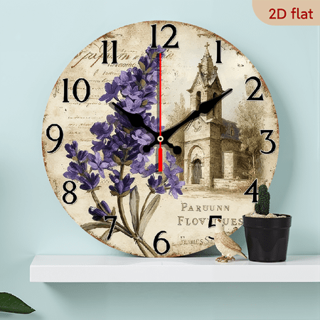 10Inch Wooden Vintage Farmhouse Wall Clock with Lavender Floral French Country Church Design - Large Black Hands, Beige Face, 25 cm Rustic Wood Round Clock for Home Office, Dining Room H