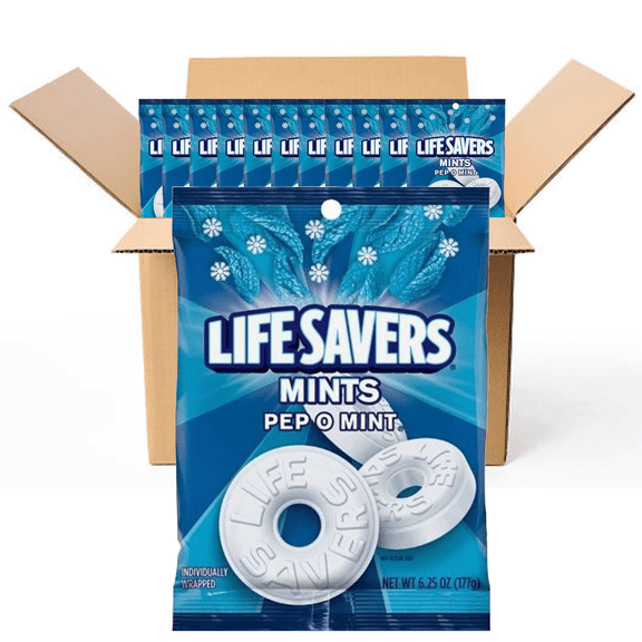 LIFE SAVERS PEP-O-MINT Bag 6.25 Ounce Fresh Individually Wrapped (Pack of 12 BOXED CASE) Great For Convenience Stores Retailers Or Just Stock Up.