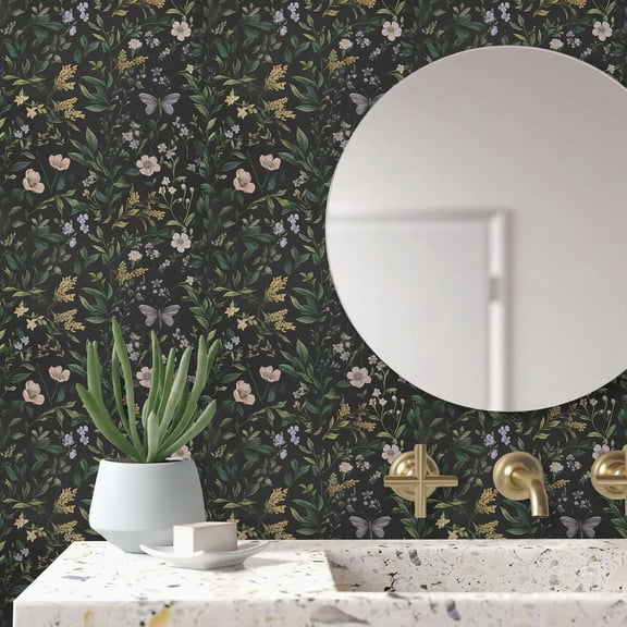 Abyssaly Floral Peel and Stick Wallpaper Self Adhesive Removable Flower Wall Paper 17.3"× 393.7" / 1 Roll Green Vintage Vinly Contact Paper Waterproof