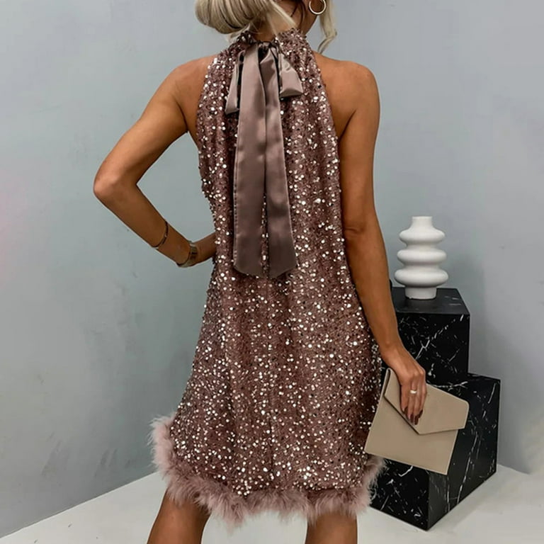 Lovskoo Womens Glitter Sequin Dress Sparkly Halter Neck Sleeveless Fashion  Glitter Mini Club Dresses Rose Gold - Walmart.com
