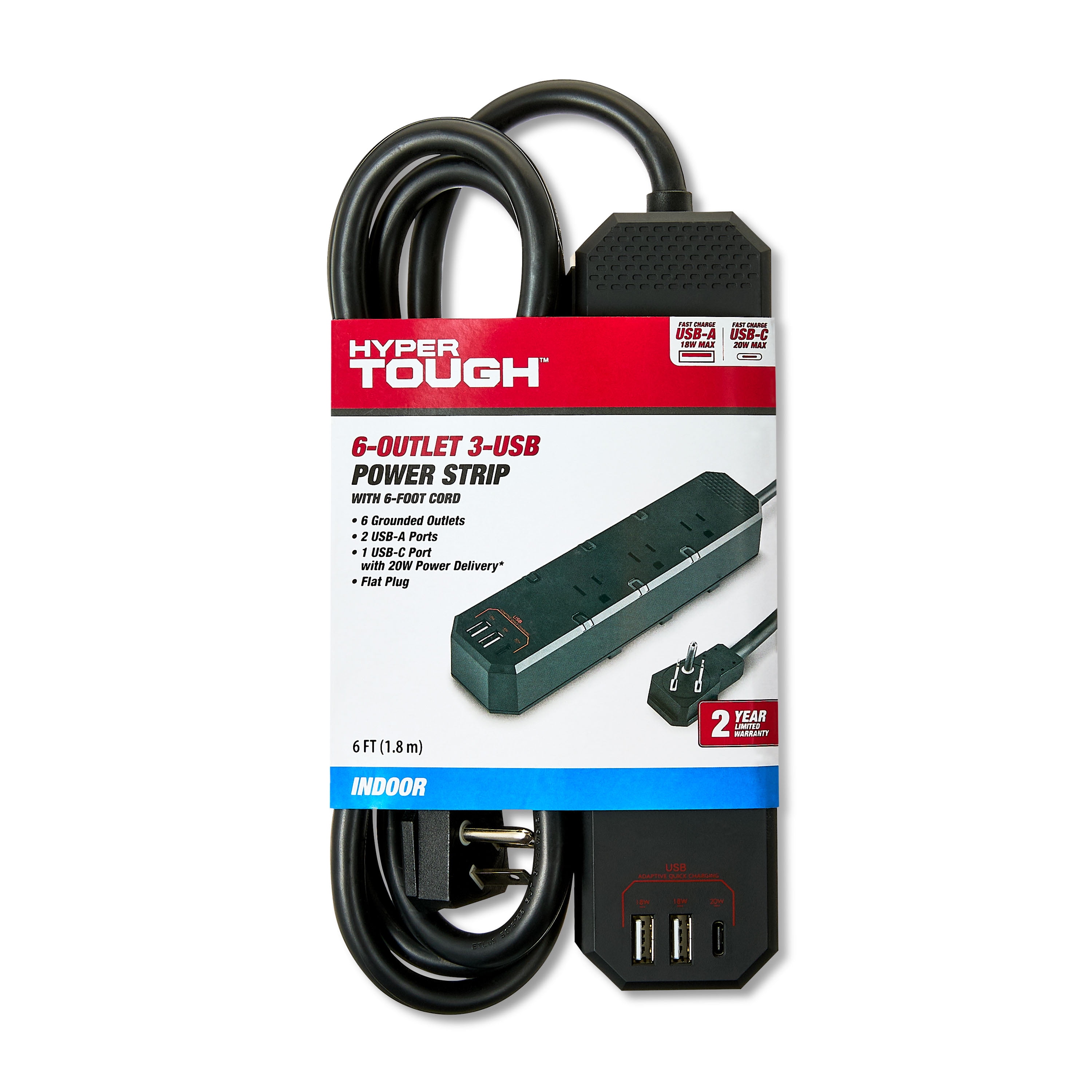(2 pack) Hyper Tough 6-Outlet 3-USB Indoor Power Strip, Black, 6' Cord, 15 amps
