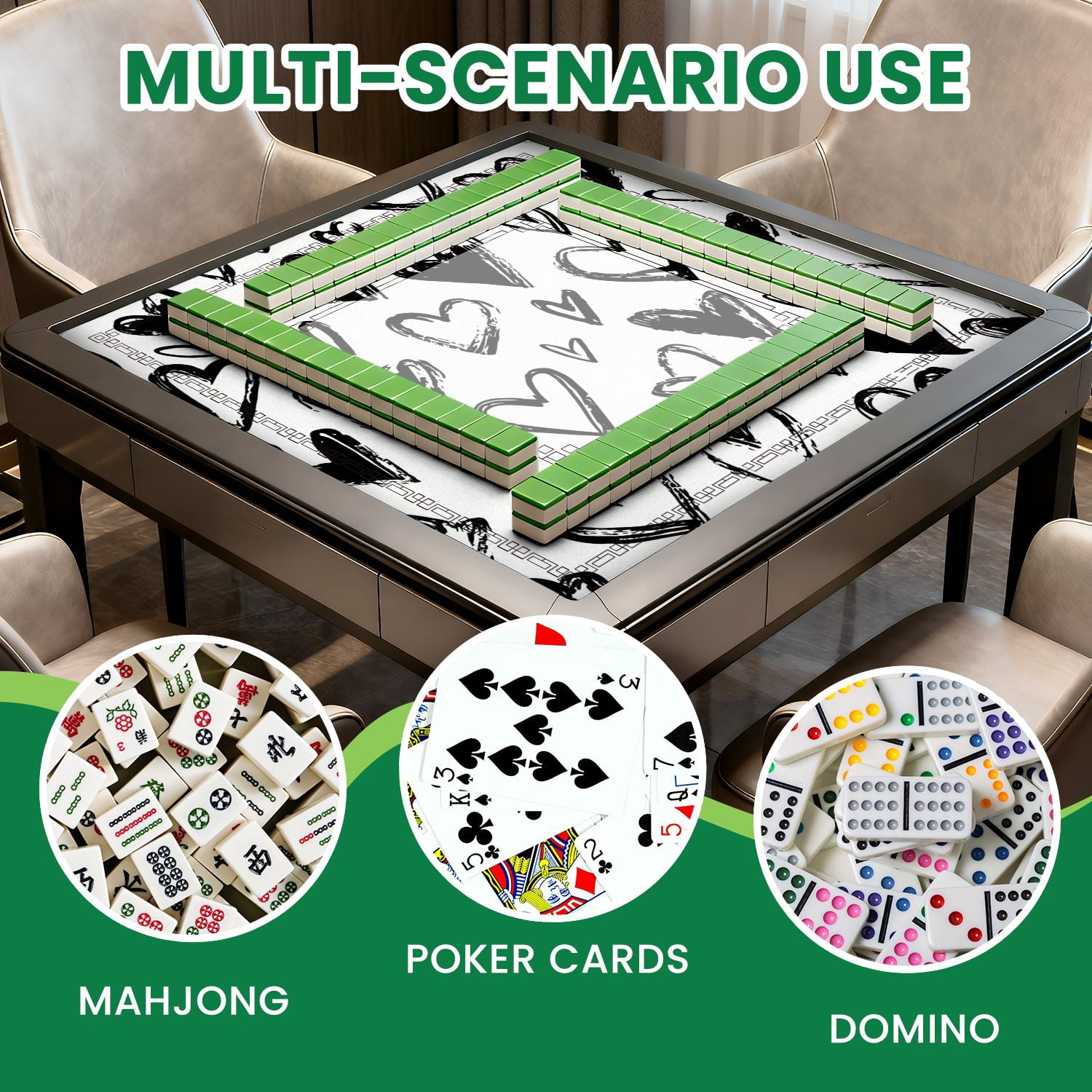 Mahjong Mat 31.5" x 31.5" Abstract seamless heart Ink Black white Non-Slip Noise Reduction American Mahjong Tiles Table Cover for Dominoes Poker Card Board Games Gift