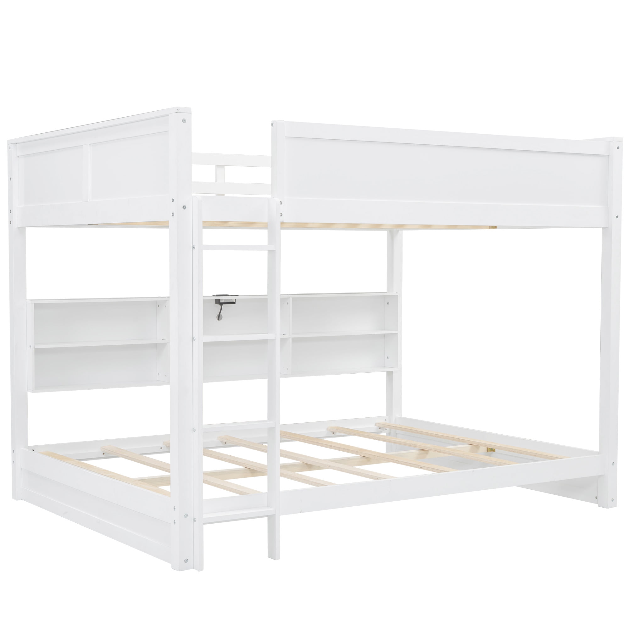 Euroco Wood Queen over Queen Bunk Bed with Bookcase, Shelves and USB Charging Station for Kids Teens, White