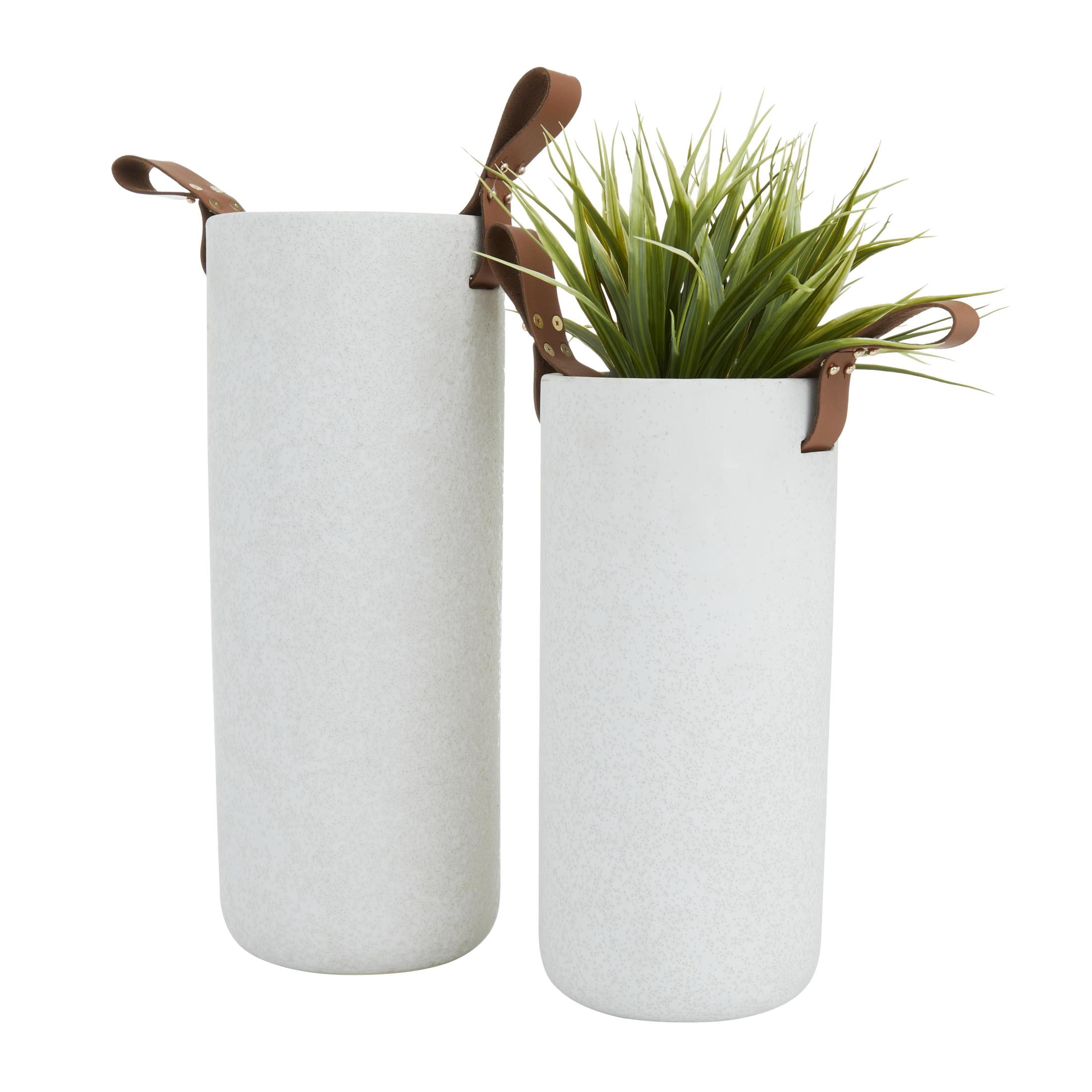 CosmoLiving by Cosmopolitan 15", 12"H White Ceramic Vase with Leather Handles, Set of 2