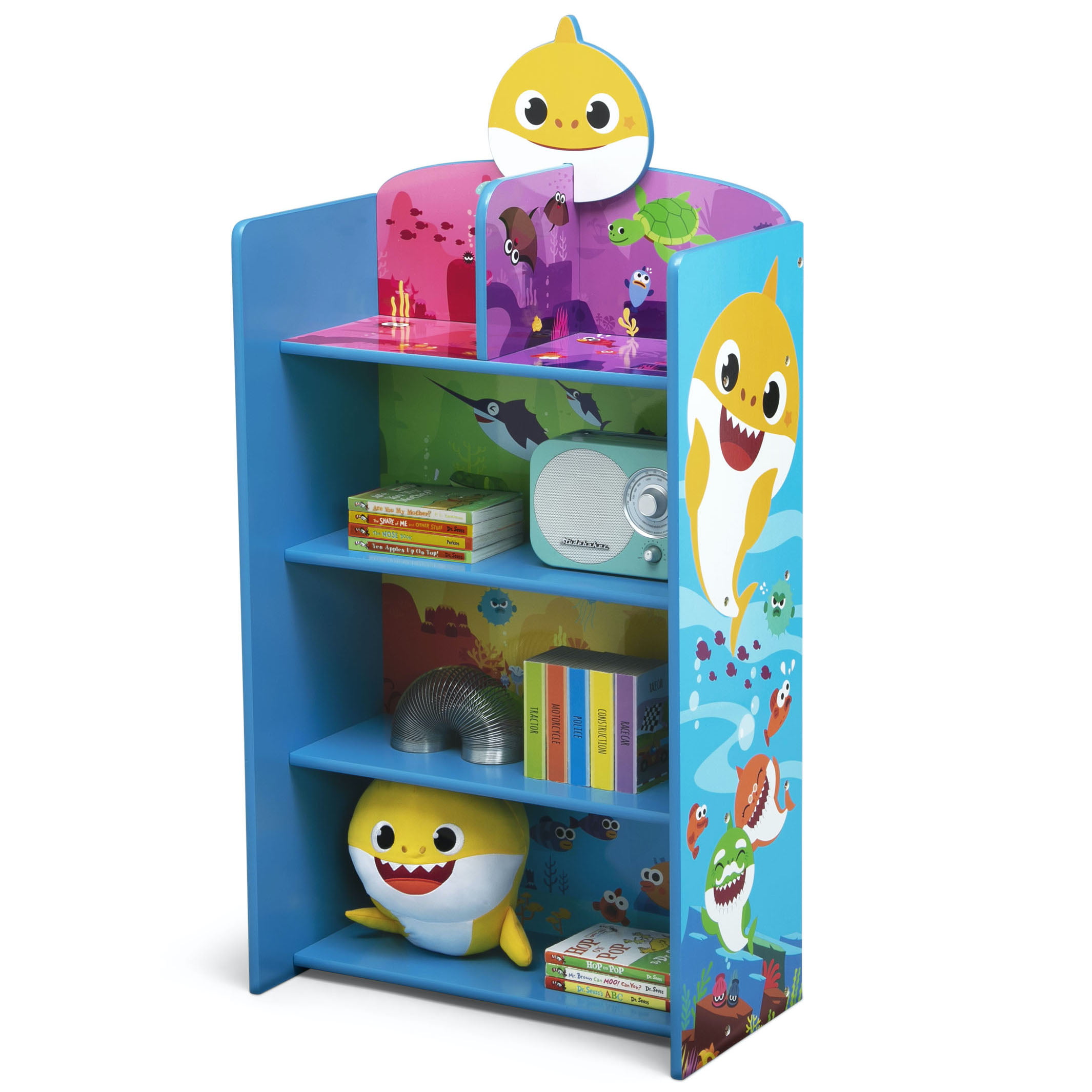 Baby Shark Delta Children Wooden Playhouse 4-Shelf Bookcase for Kids 