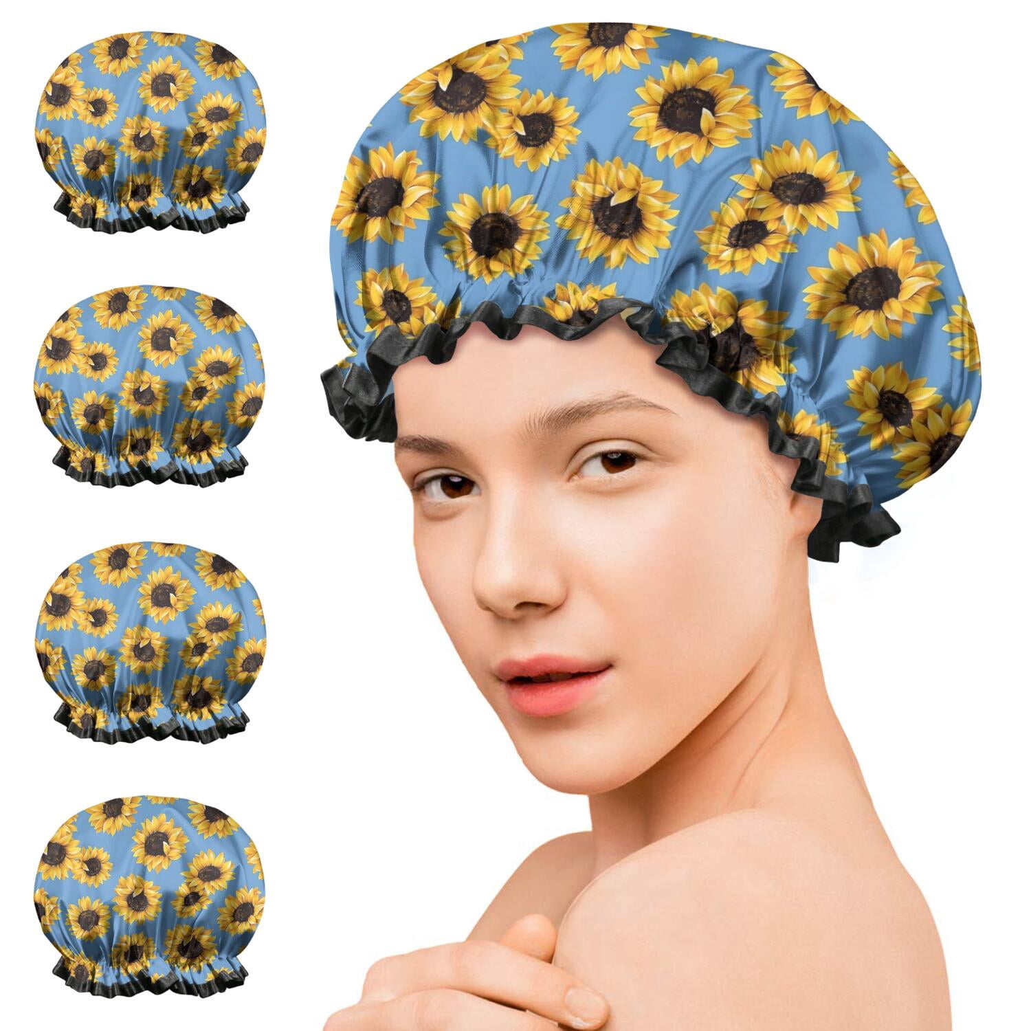 Shower Caps,Blue Sunflower Pattern Waterproof Shower Cap for Women 4 Pieces,Double Reusable Hair Cover for Shower PEVA Elastic Stretch Hem