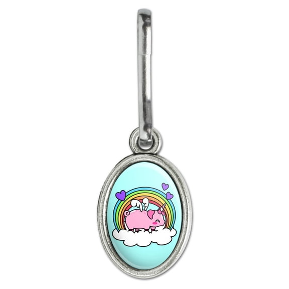 Cute Unicorn Pig with Rainbow Antiqued Oval Charm Clothes Purse Suitcase Backpack Zipper Pull Aid