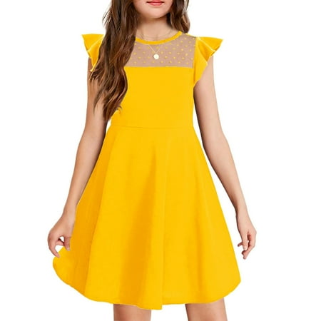 XDDLITP Girls Elegant Dresses Ruffle Sleeve a Line Dress Party Dance Graduation Contrast Mesh Dress for 3-12 Years Crew Neck Mesh Dress Yellow 1509-10Y)