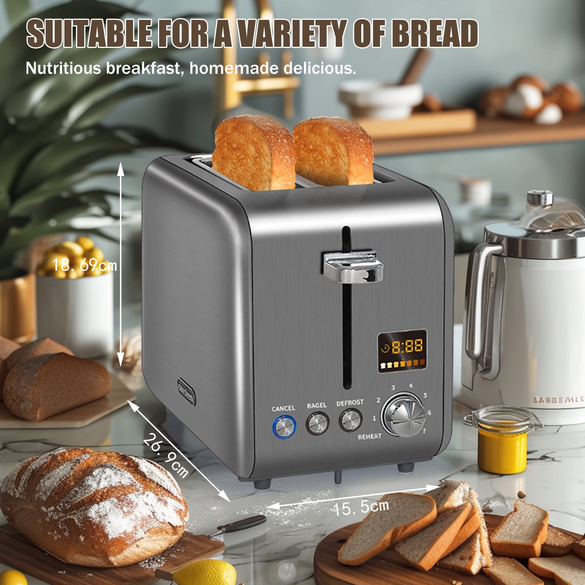 SEEDEEM Toaster 2 Slice, Stainless Steel Bread Toaster LCD Display, 7 Shade Setting, 1.4'' Wide Slots, Bagel/Defrost/Reheat Functions, Removable Crumb Tray, 900W