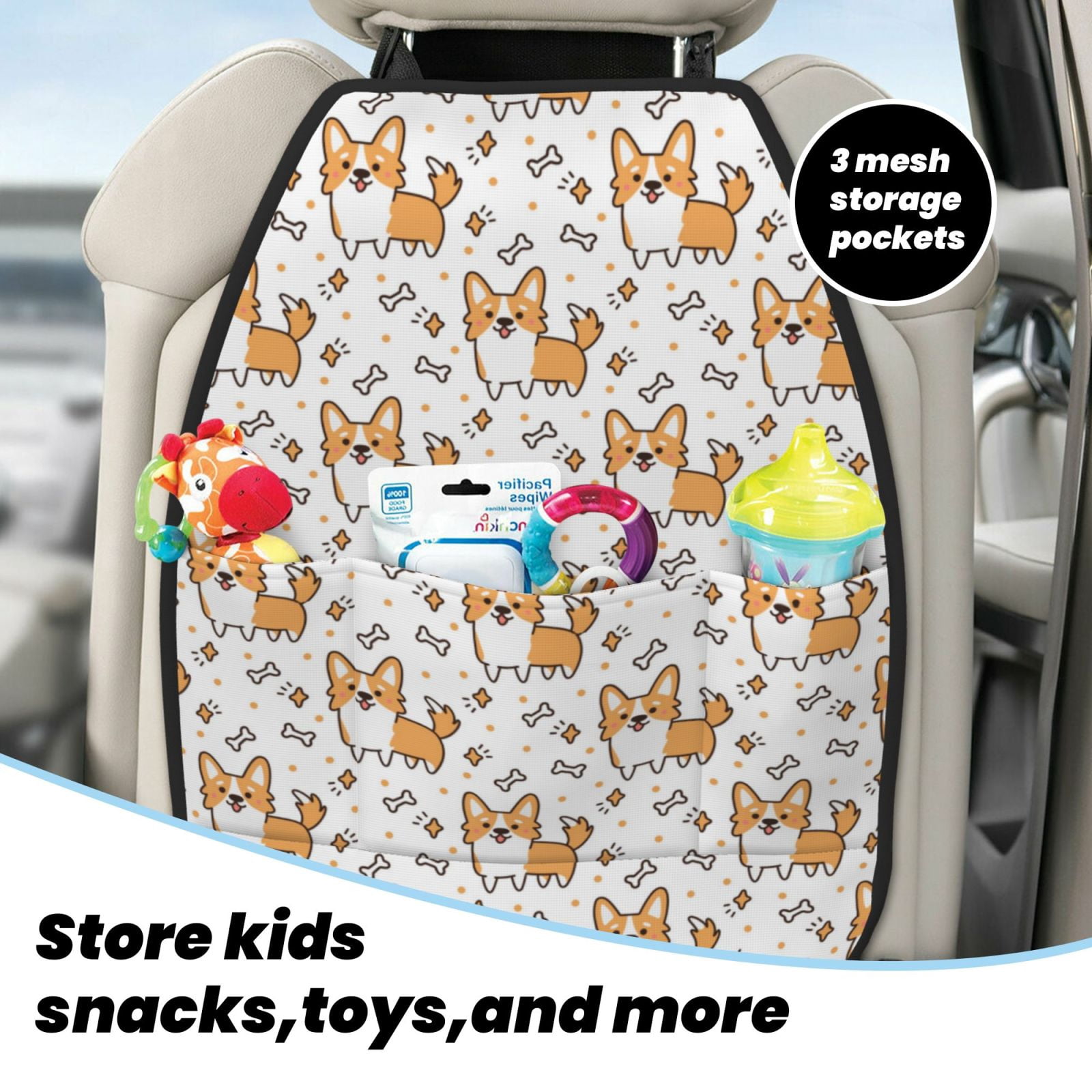Xecao Corgi with Hearts Pattern Car Seat Back Protector 2 Pack Large Capacity Pocket, Kick Mats Back Seat Protector