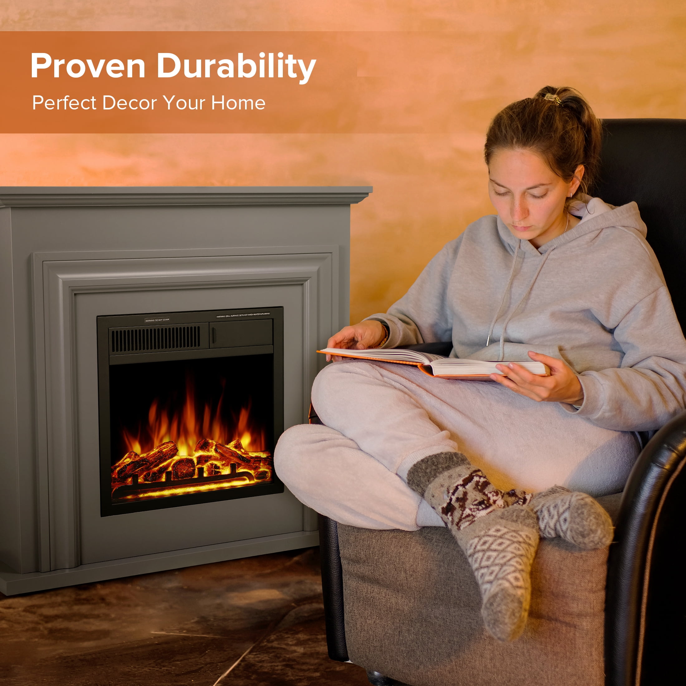 KISSAIR Electric Fireplace Mantel Wooden Surround Firebox, Free Standing Fireplace, with Remote Control, Adjustable LED Flame, 750W/1500W -Grey
