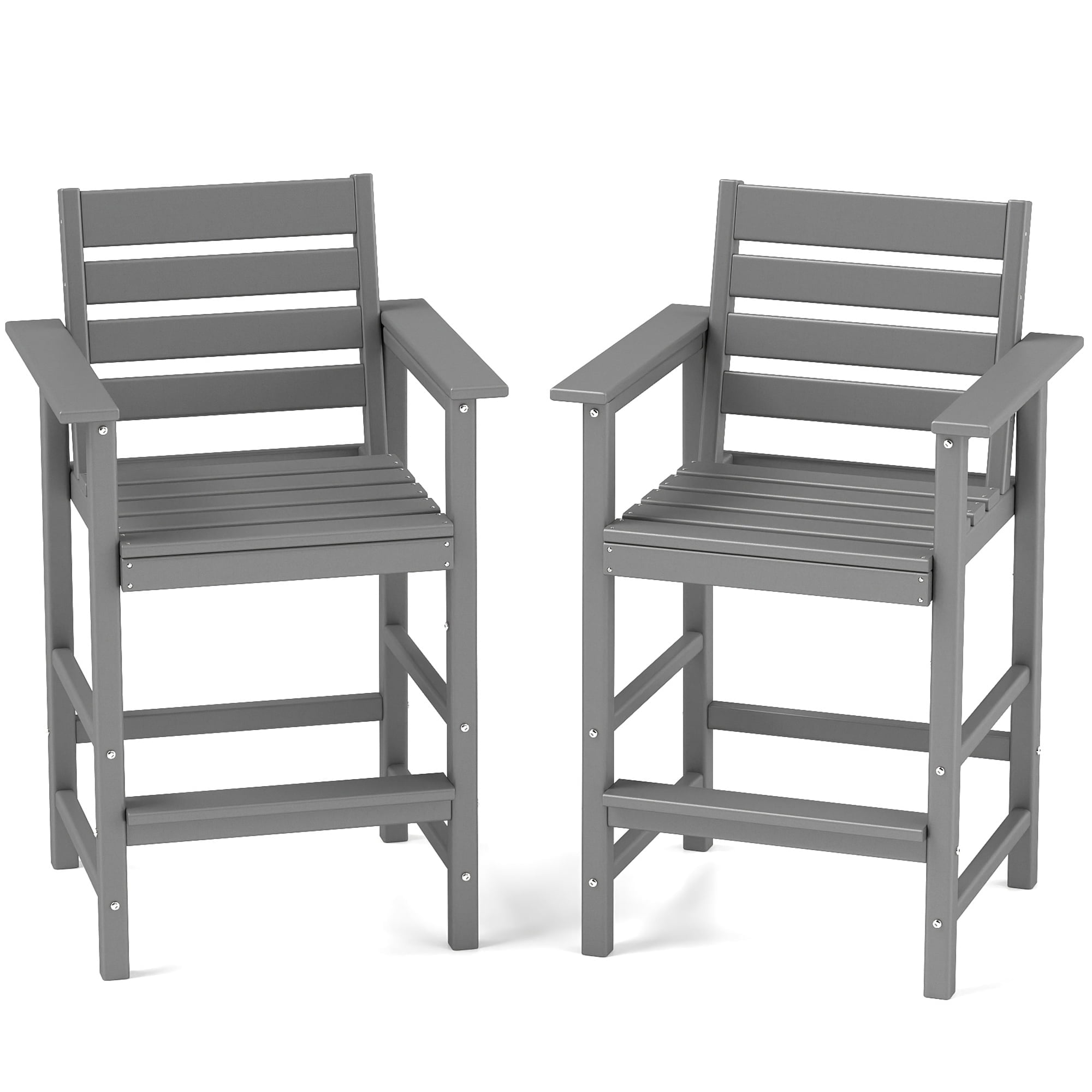 FOOWIN HDPE Plastic Tall Adirondack Chair Set of 2 W/ Outdoor Barstools and Connecting Tray, Gray