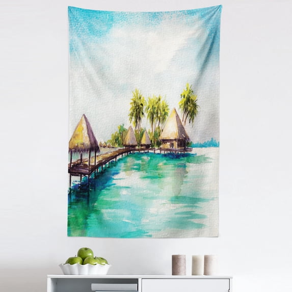 Beach Tapestry, Tropical Watercolor Painting Print of Bungalows on a Wooden Pier Jetty, Fabric Wall Hanging Decor for Bedroom Living Room Dorm, 5 Sizes, Turquoise Ecru and Khaki, by Ambesonne