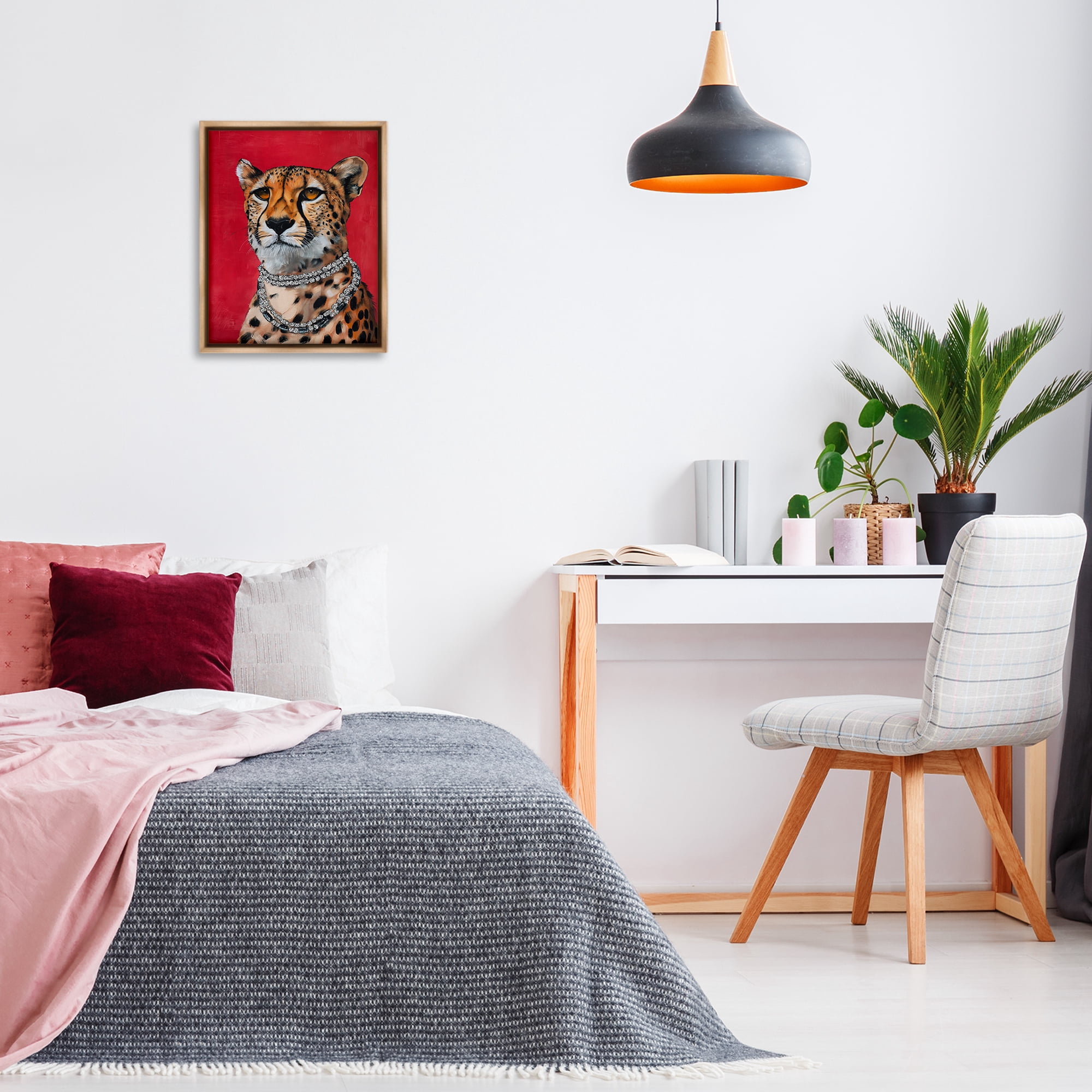 Stupell Industries Leopard Royalty with Necklace Animals Painting Brown Floater Framed Canvas Art Print Wall Art, 17 x 21
