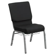 HERCULES Series 18.5''W Church Chair in Black Patterned Fabric with Cup Book Rack - Silver Vein Frame