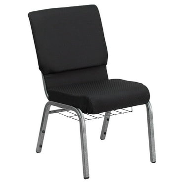 HERCULES Series 18.5''W Church Chair in Black Patterned Fabric with Cup Book Rack - Silver Vein Frame