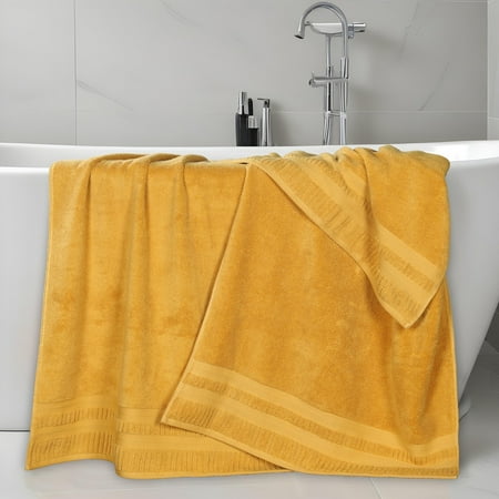 Superior Venice Ribbed Textured Border Zero Twist Bath Sheets, Set of 2, Gold