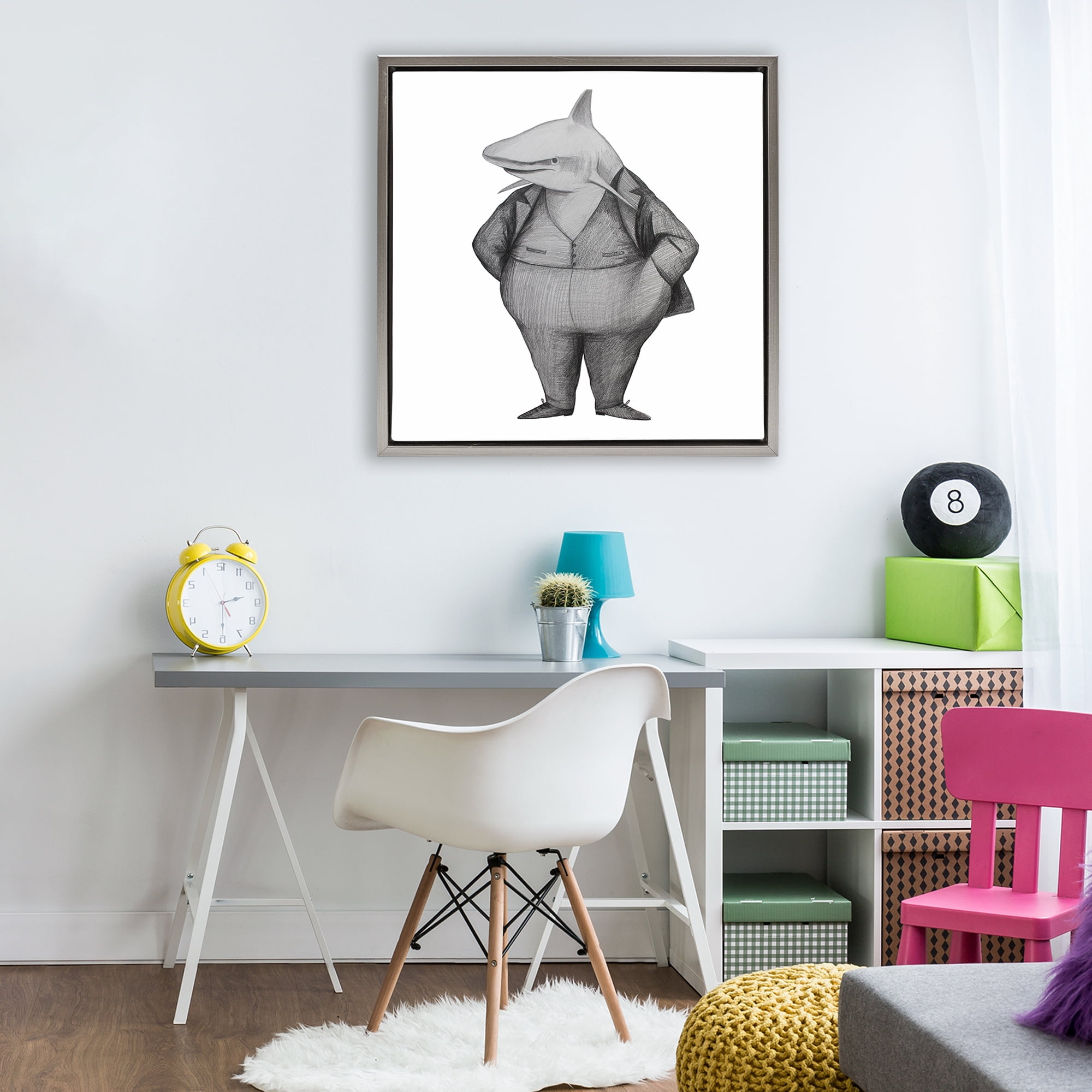 Stupell Industries Shark In Suit Drawing Gray Framed Floater Canvas Wall Art, design by Violeta Vollmer