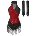 thumbnail image 3 of iiniim Women Sequin Latin Dance Outfits Sleeveless Fringed Ballroom Leotard with Gloves Salsa Tango Dancewear Burgundy M, 3 of 7